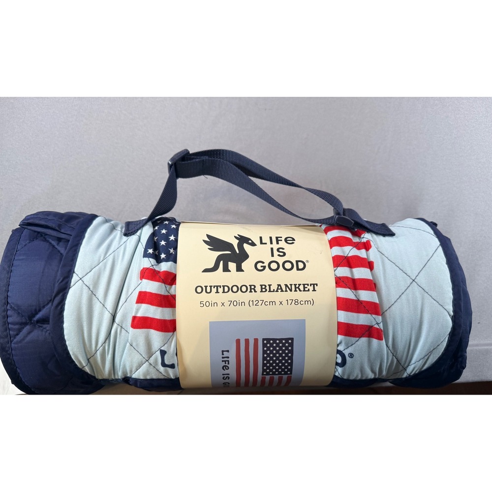 NEW Life is Good Outdoor Blanket American Flag Patriotic Quilted Navy 50x70 NWT
